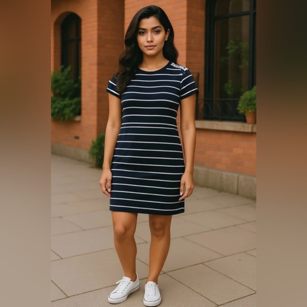 Ralph Lauren Navy Striped Dress, cap sleeves, lace up shoulder accents 💙🤍